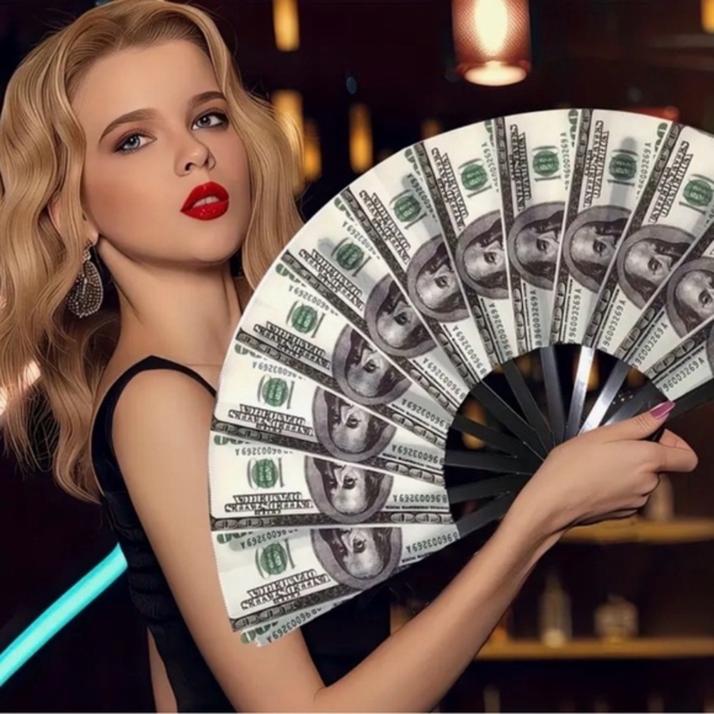 Money Print Folding Fan Dollar Bill Y2K Hand Fan Statement Accessory Rave Party